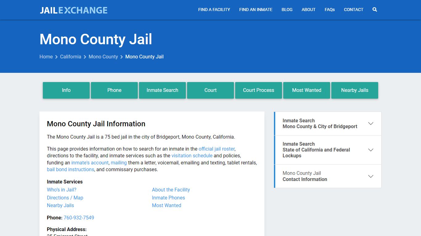 Mono County Jail, CA Inmate Search, Information